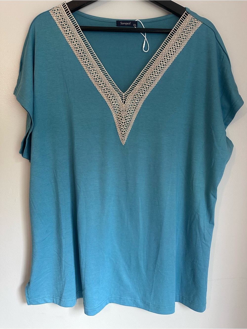 Curvy V Neck Teal Embroidered Dolman Sleeve Top, XXL